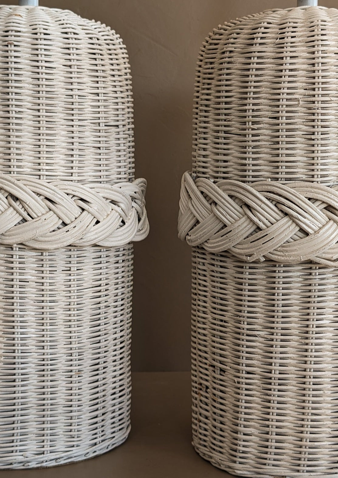 Pair of Vintage White Woven Wicker Lamps with Braided Detailing