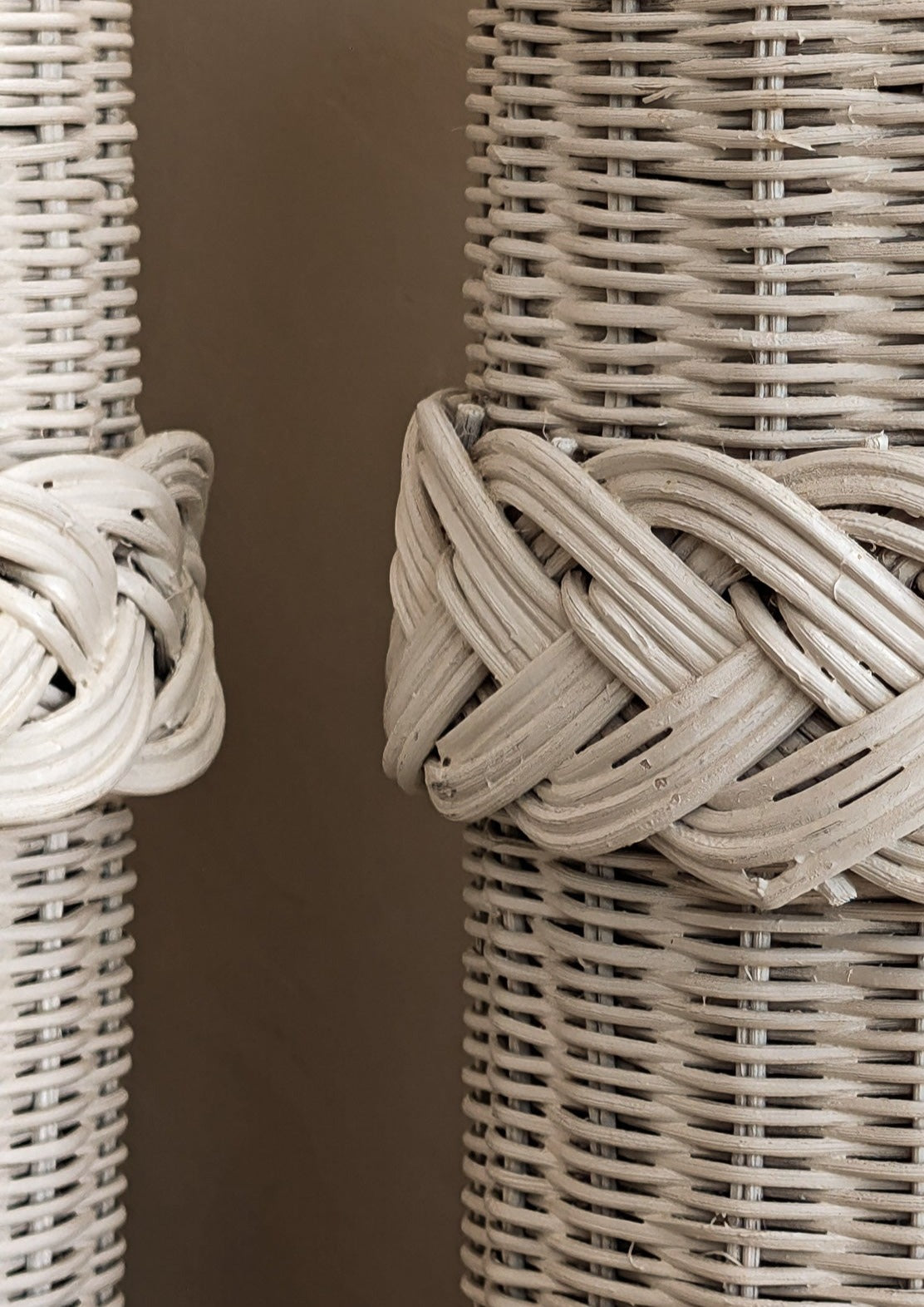 Pair of Vintage White Woven Wicker Lamps with Braided Detailing