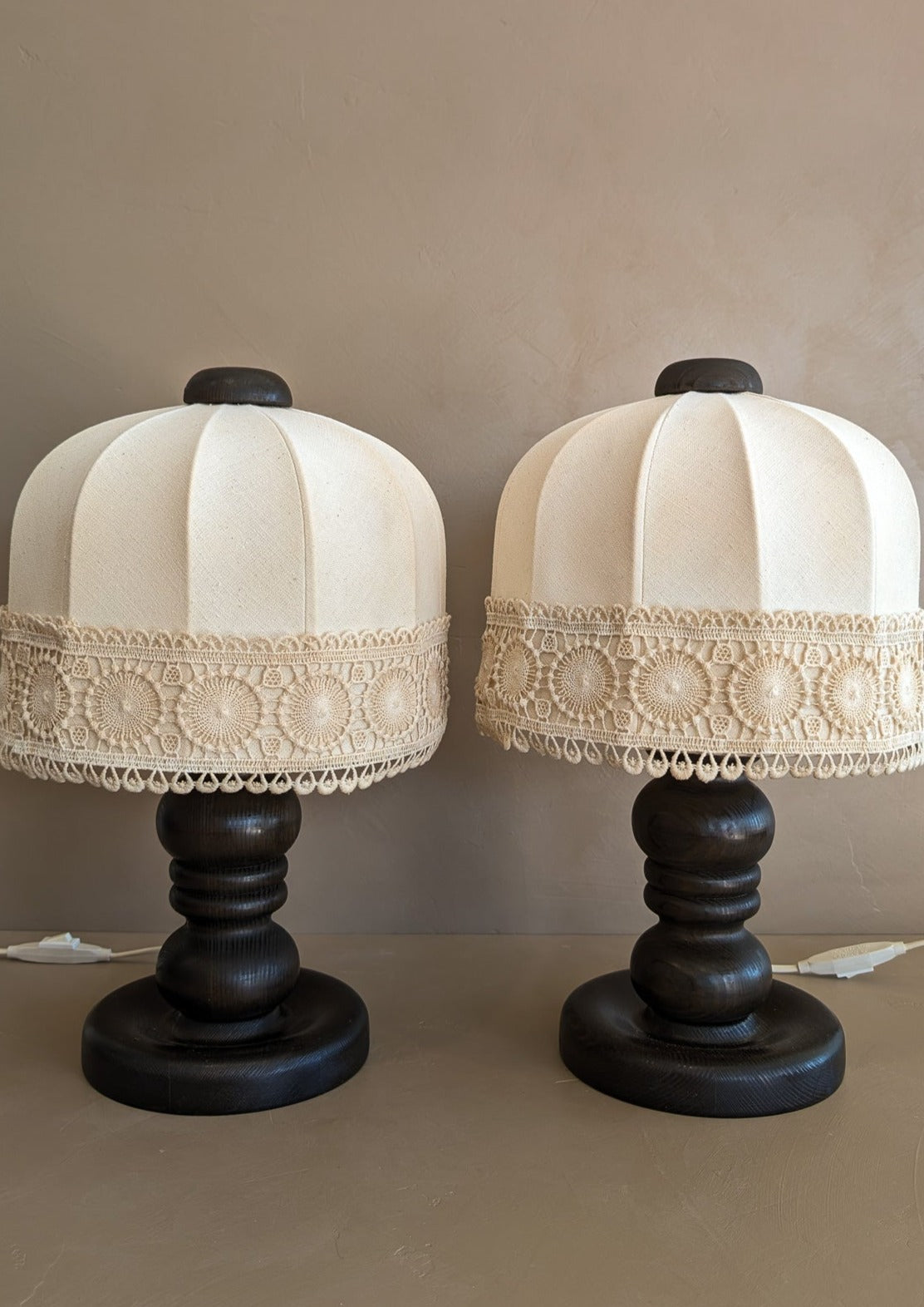 Pair of Vintage Swedish Markslöjd Dark Pine Table Lamps with Original Shades