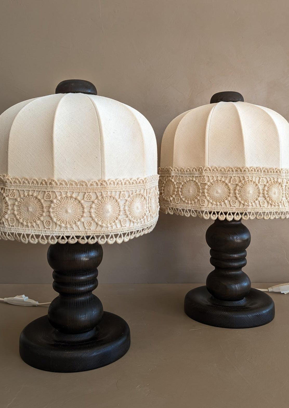 Pair of Vintage Swedish Markslöjd Dark Pine Table Lamps with Original Shades