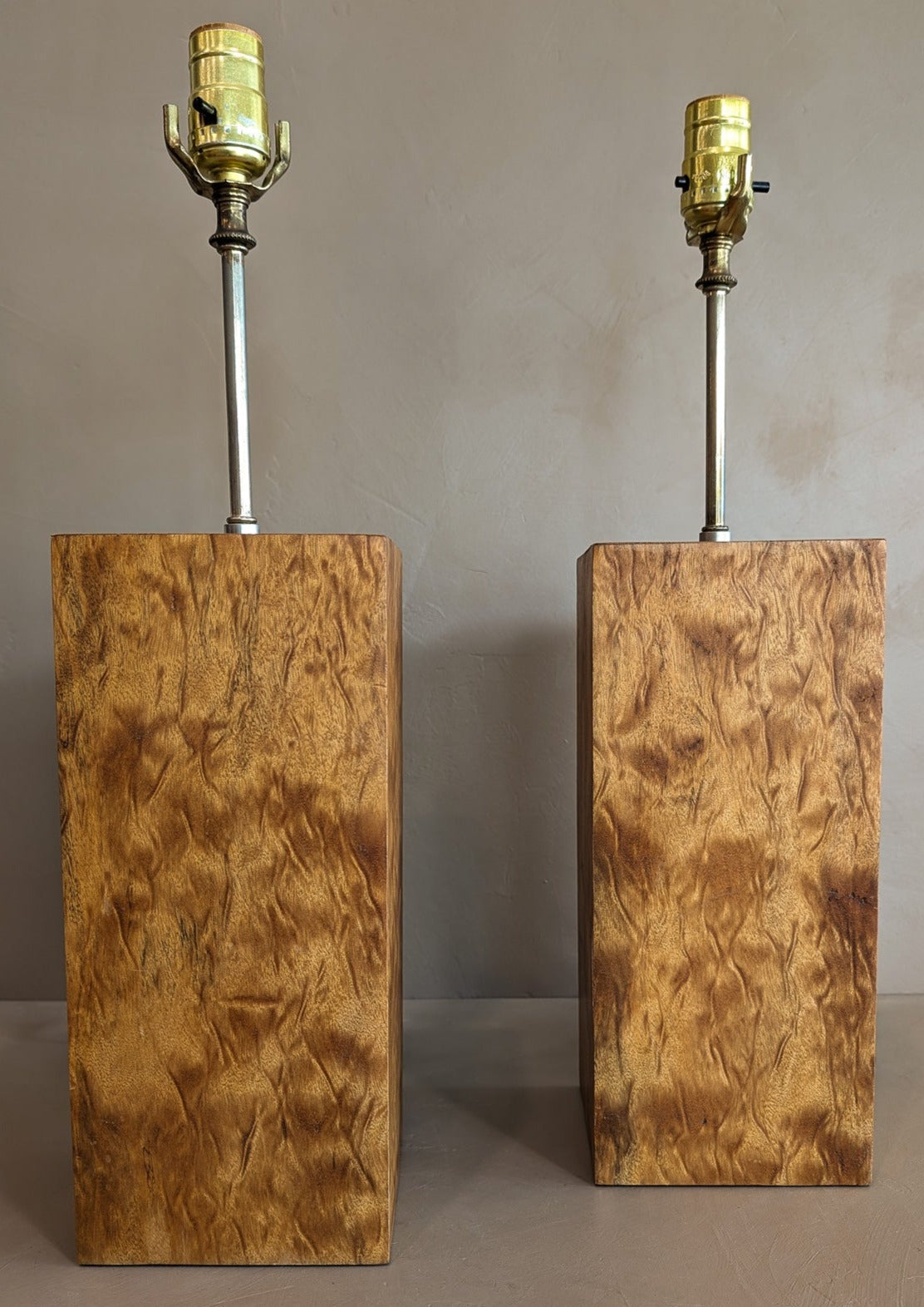 Pair of Vintage Handmade Flamed Wooden Lamps