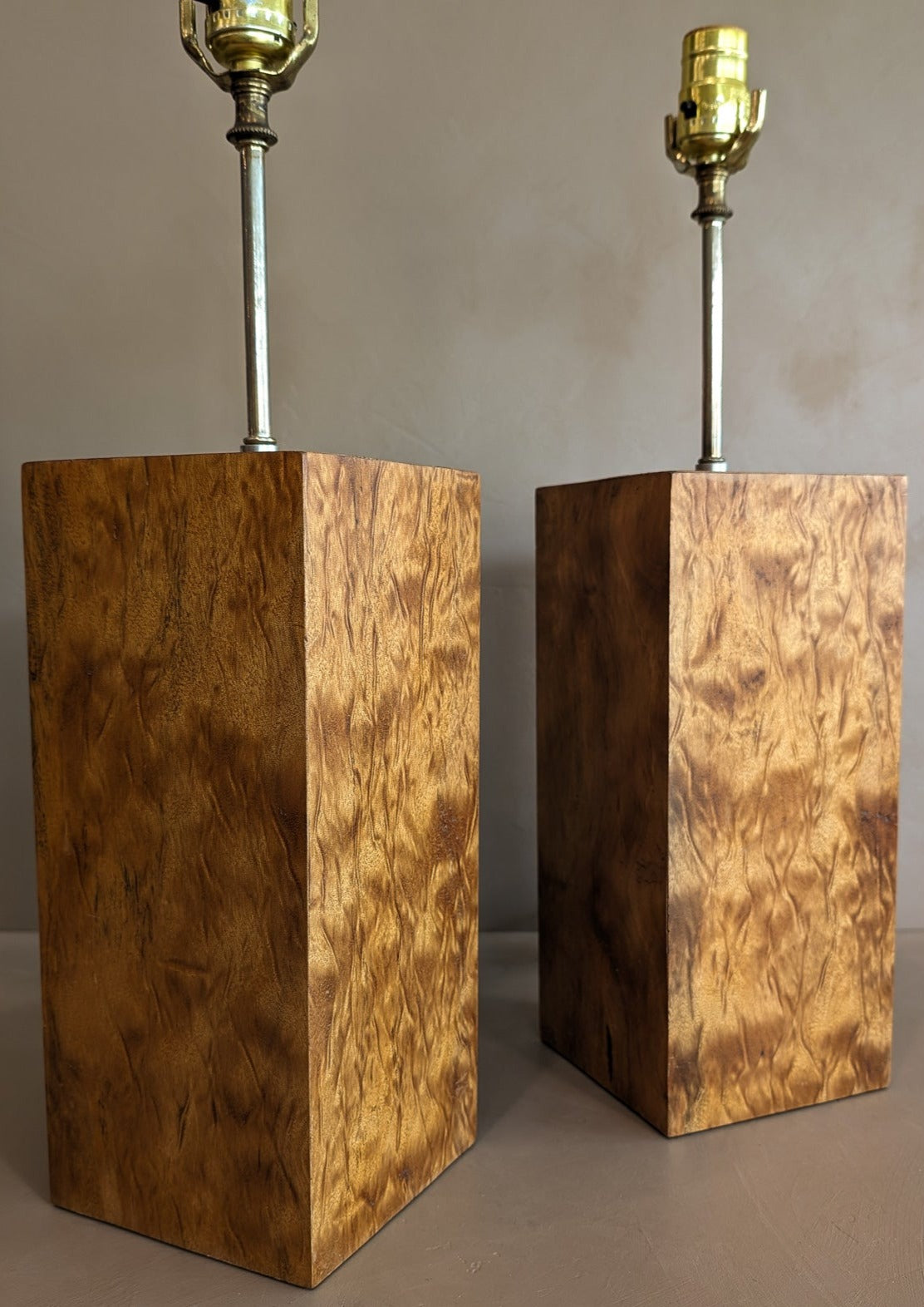 Pair of Vintage Handmade Flamed Wooden Lamps