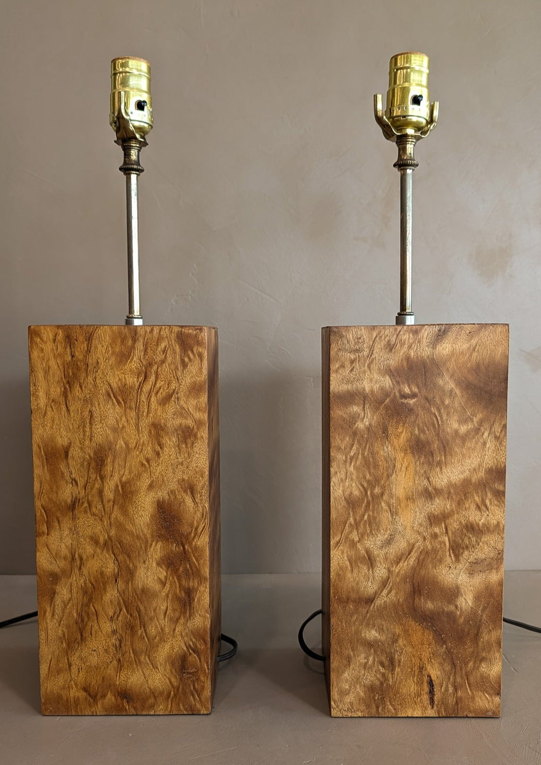 Pair of Vintage Handmade Flamed Wooden Lamps