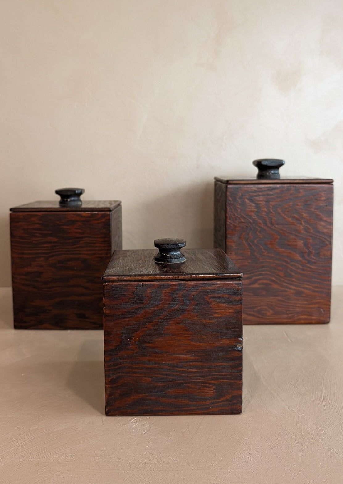 Set of 3 Vintage Brutalist Handmade Dark Wooden Canisters