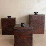 Set of 3 Vintage Brutalist Handmade Dark Wooden Canisters