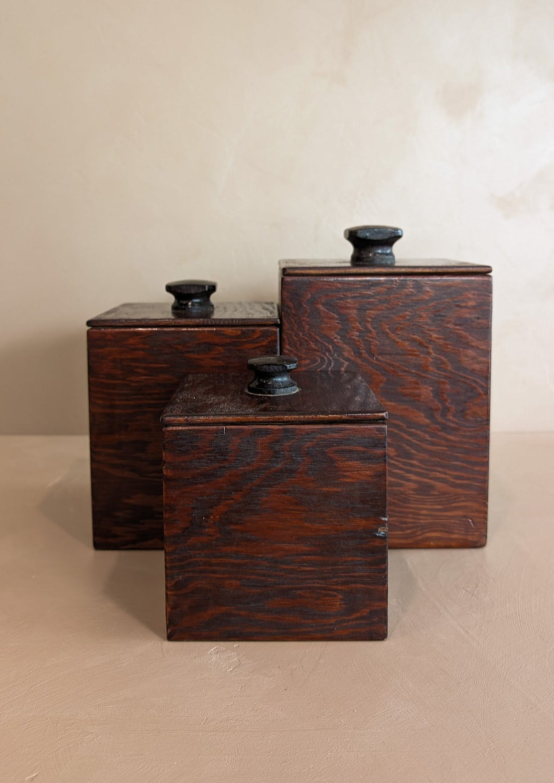 Set of 3 Vintage Brutalist Handmade Dark Wooden Canisters