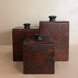 Set of 3 Vintage Brutalist Handmade Dark Wooden Canisters