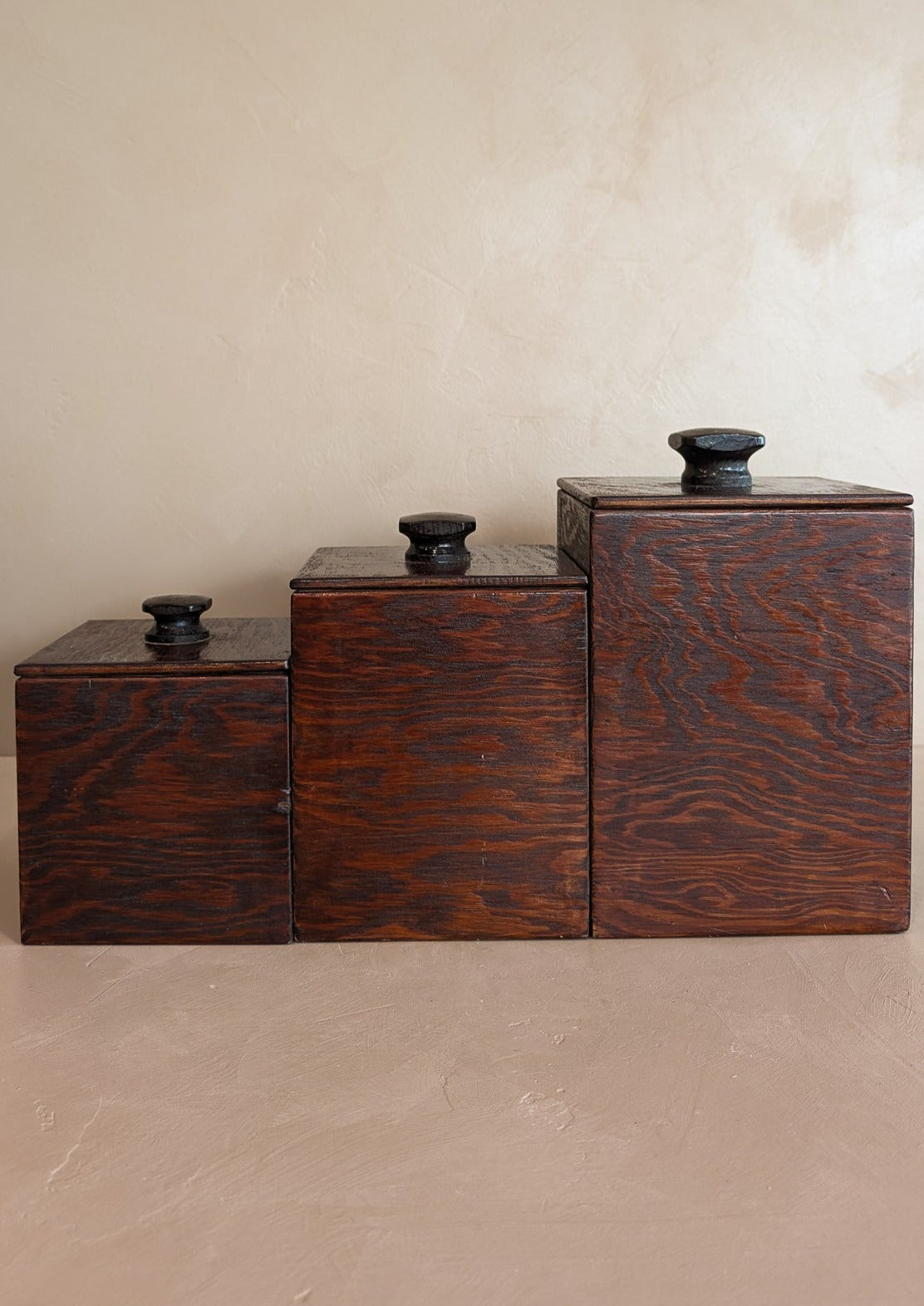 Set of 3 Vintage Brutalist Handmade Dark Wooden Canisters