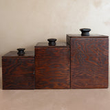 Set of 3 Vintage Brutalist Handmade Dark Wooden Canisters