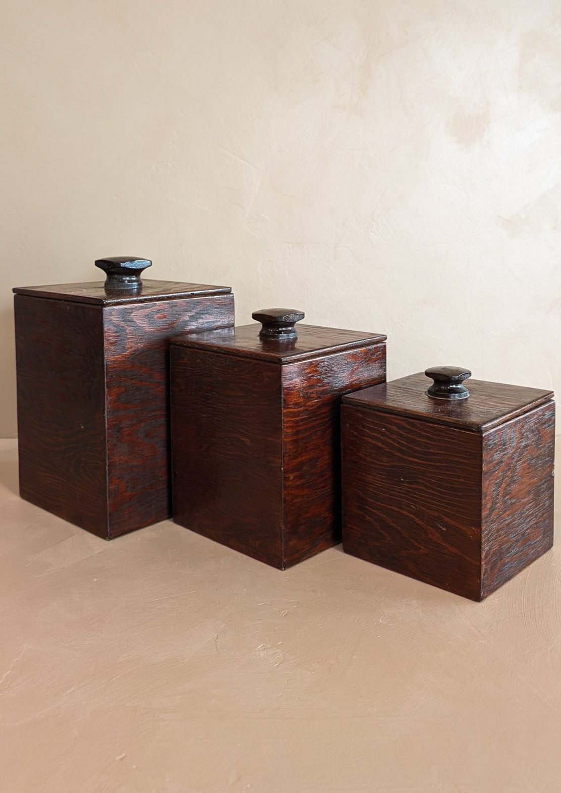 Set of 3 Vintage Brutalist Handmade Dark Wooden Canisters