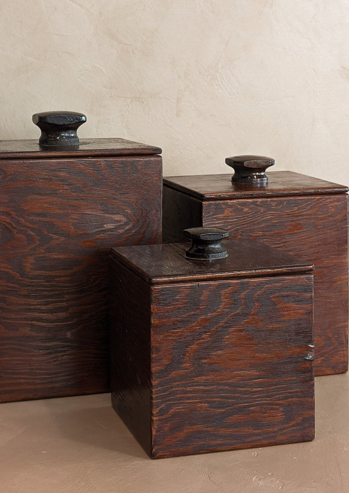 Set of 3 Vintage Brutalist Handmade Dark Wooden Canisters