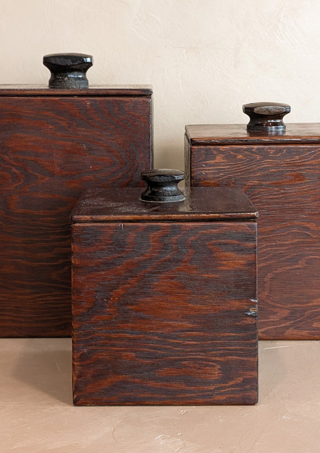 Set of 3 Vintage Brutalist Handmade Dark Wooden Canisters