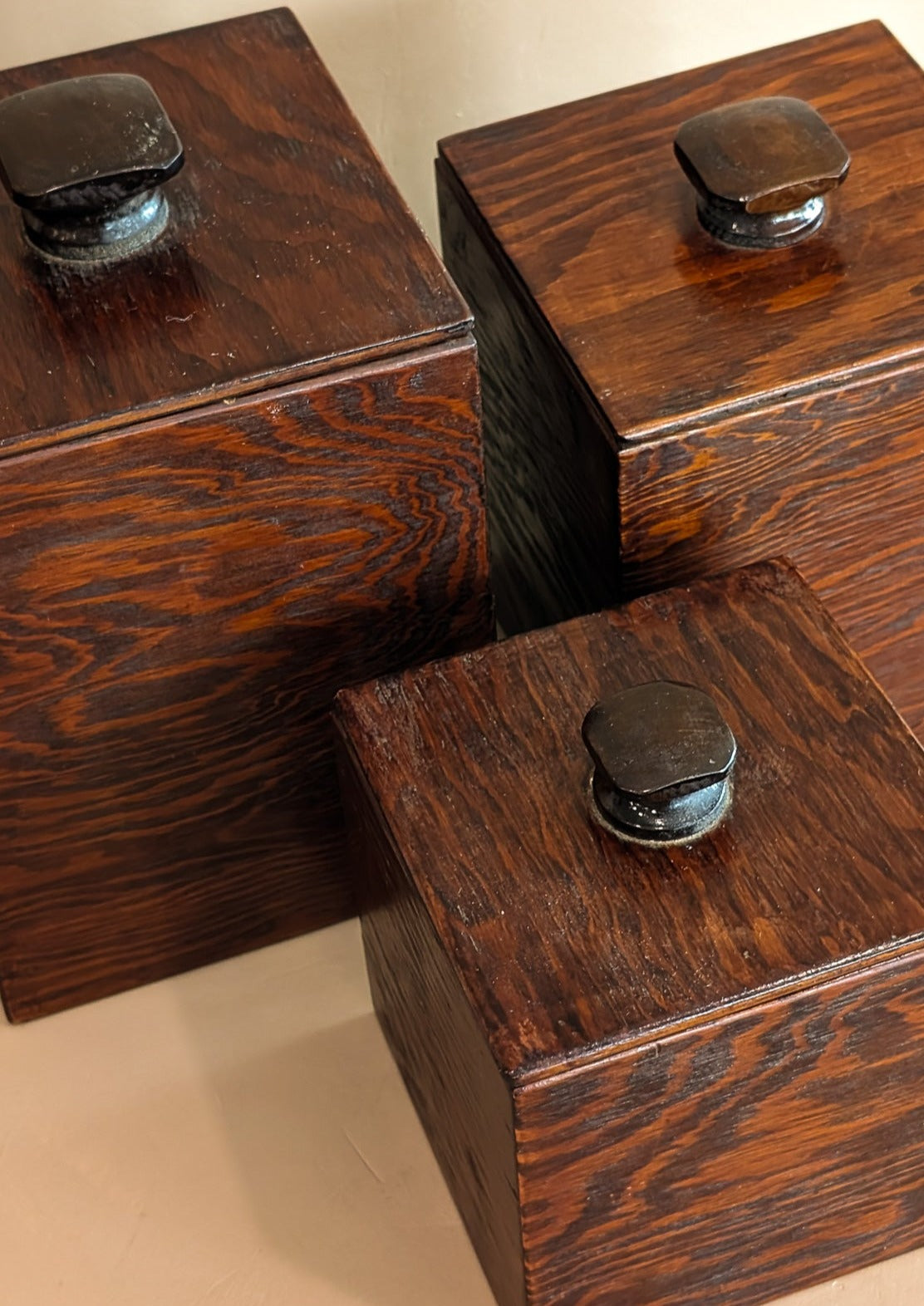 Set of 3 Vintage Brutalist Handmade Dark Wooden Canisters