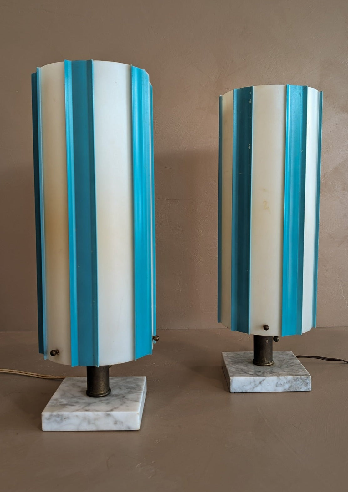 Pair of Rare Vintage Blue and White Striped Plastic Shade Lamps with Marble Base and Ball Pull Chains