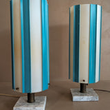 Pair of Rare Vintage Blue and White Striped Plastic Shade Lamps with Marble Base and Ball Pull Chains