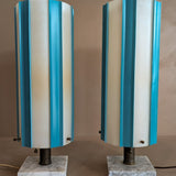 Pair of Rare Vintage Blue and White Striped Plastic Shade Lamps with Marble Base and Ball Pull Chains