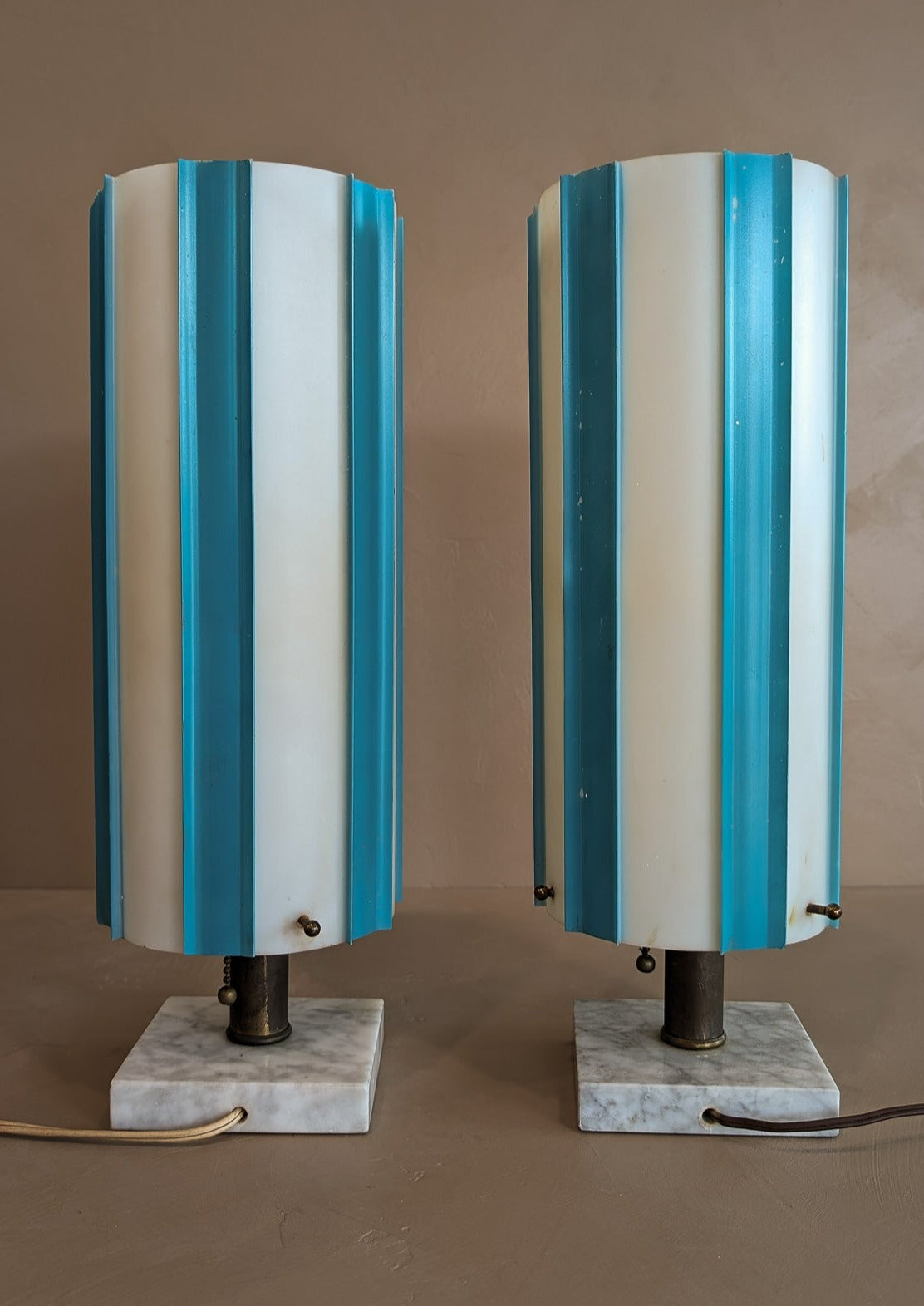 Pair of Rare Vintage Blue and White Striped Plastic Shade Lamps with Marble Base and Ball Pull Chains