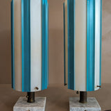 Pair of Rare Vintage Blue and White Striped Plastic Shade Lamps with Marble Base and Ball Pull Chains