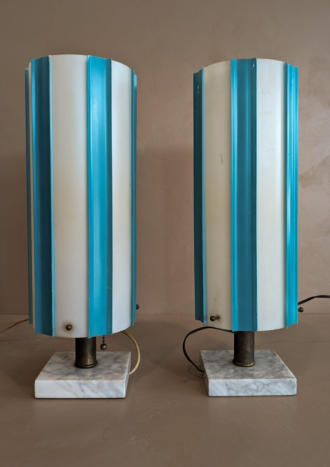 Pair of Rare Vintage Blue and White Striped Plastic Shade Lamps with Marble Base and Ball Pull Chains