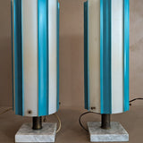 Pair of Rare Vintage Blue and White Striped Plastic Shade Lamps with Marble Base and Ball Pull Chains