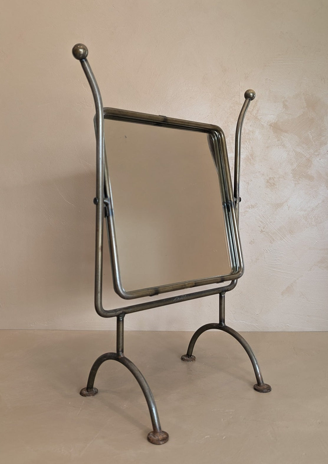 Unique Vintage Postmodern Tilting Metal Tabletop Mirror with Ball Detailing