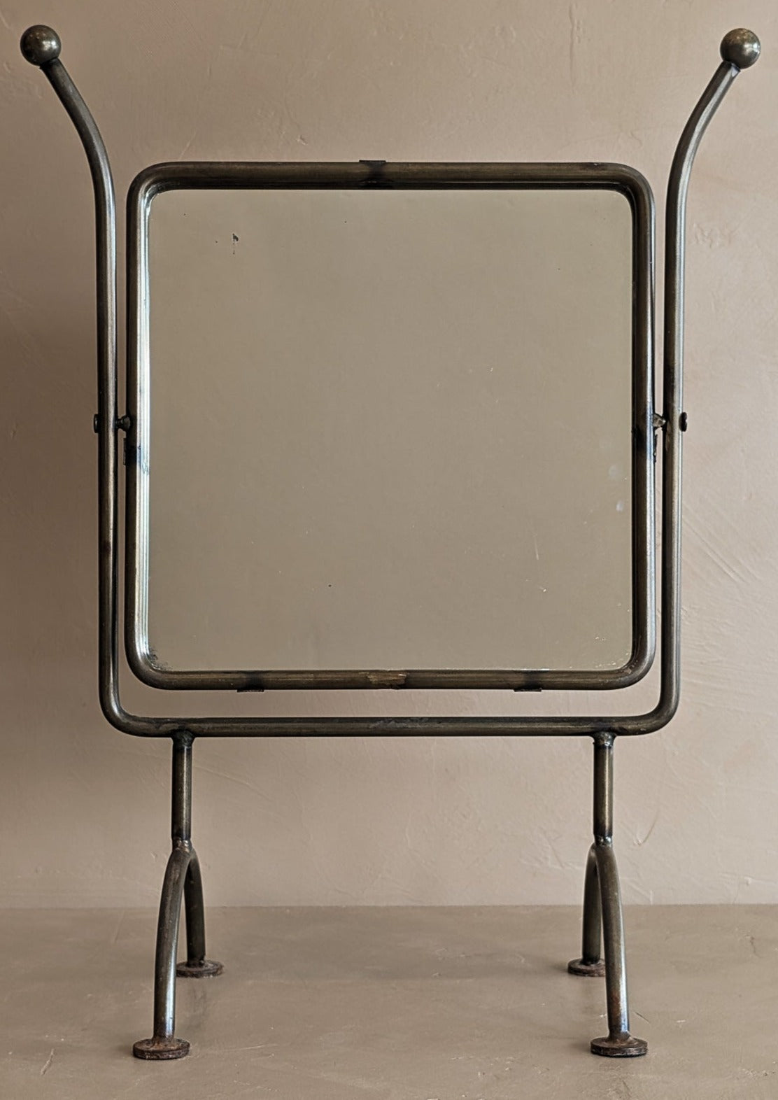 Unique Vintage Postmodern Tilting Metal Tabletop Mirror with Ball Detailing