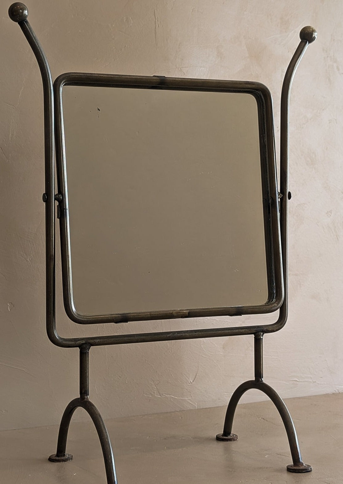 Unique Vintage Postmodern Tilting Metal Tabletop Mirror with Ball Detailing