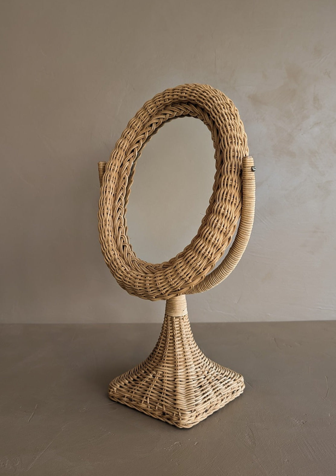 Vintage Wicker Pedestal Tabletop Mirror