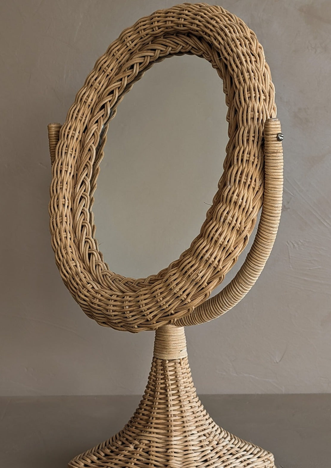 Vintage Wicker Pedestal Tabletop Mirror