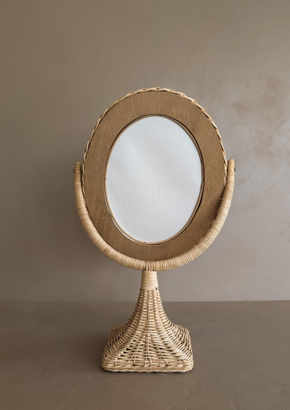 Vintage Wicker Pedestal Tabletop Mirror