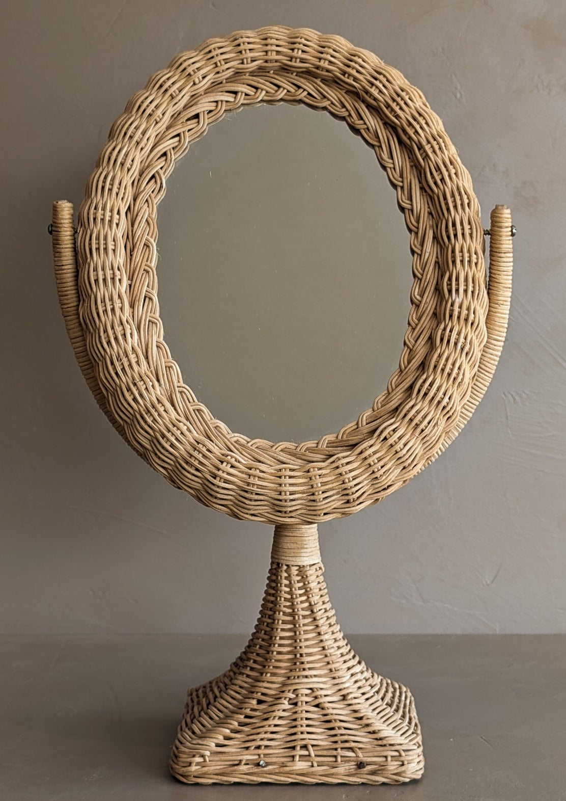 Vintage Wicker Pedestal Tabletop Mirror