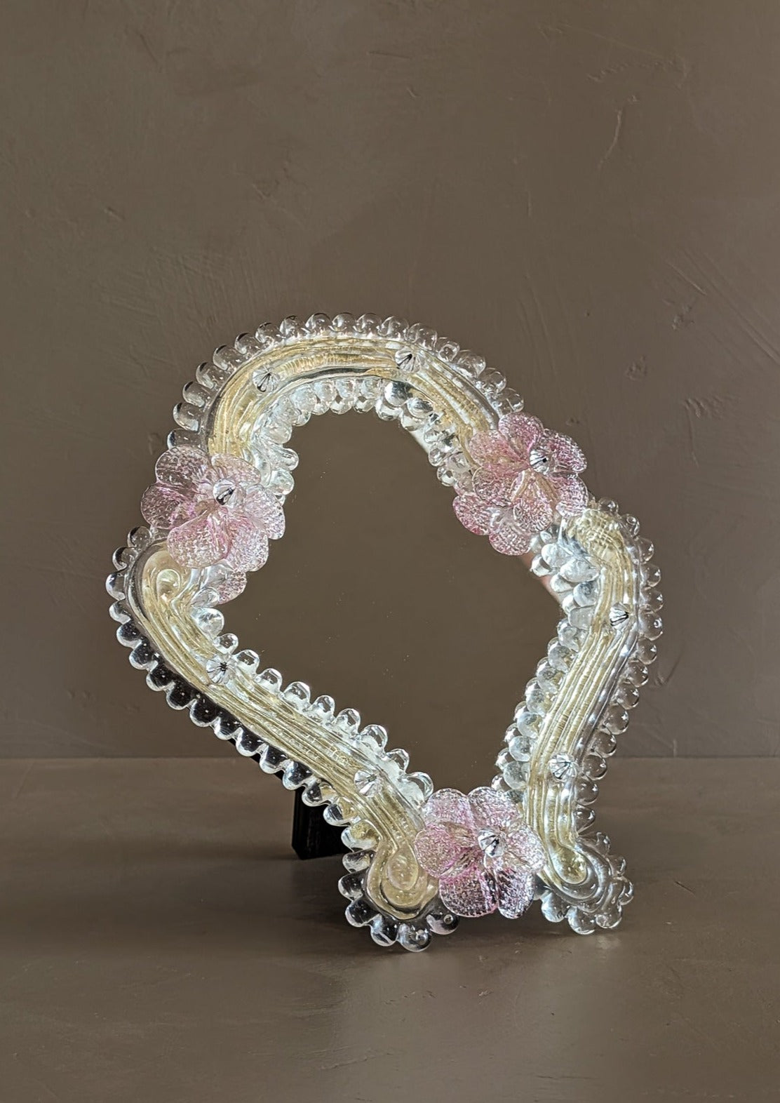 Petite Vintage Murano Mirror with Pink Glass Flowers and Stand