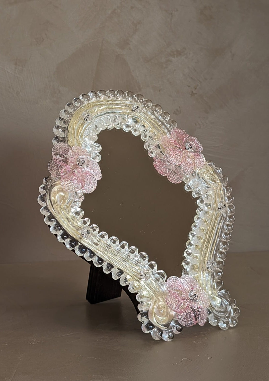 Petite Vintage Murano Mirror with Pink Glass Flowers and Stand