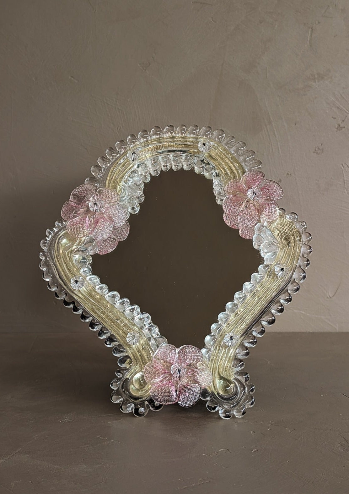 Petite Vintage Murano Mirror with Pink Glass Flowers and Stand