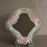 Petite Vintage Murano Mirror with Pink Glass Flowers and Stand