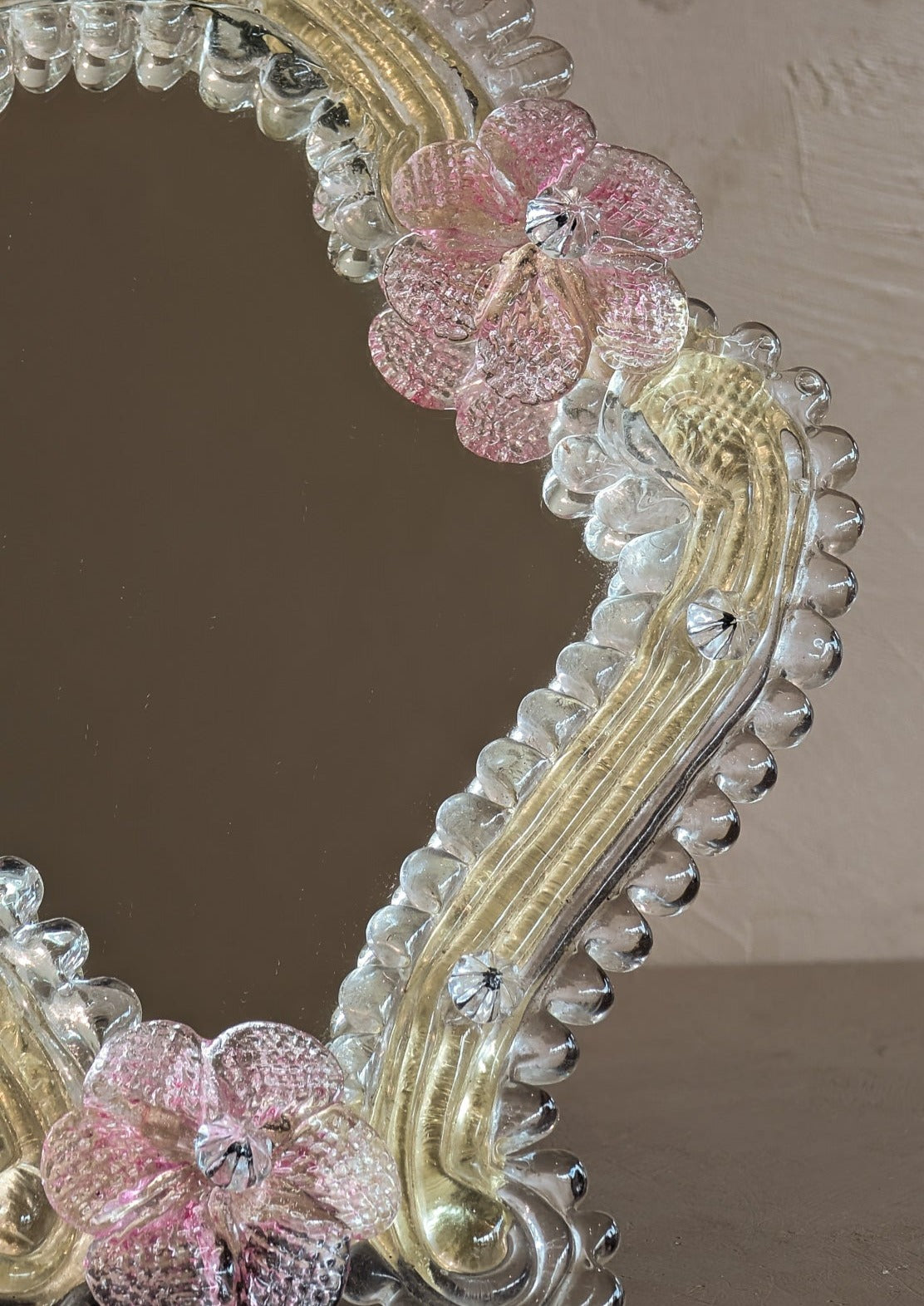 Petite Vintage Murano Mirror with Pink Glass Flowers and Stand