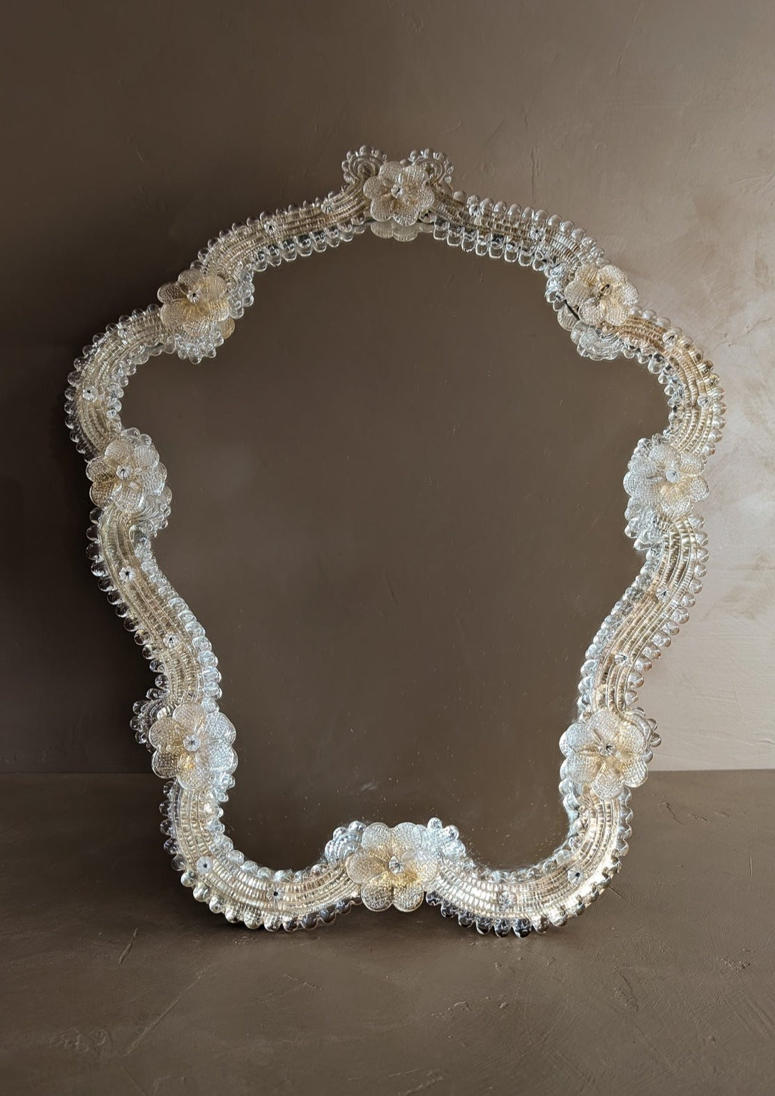 Large Vintage Murano Mirror with Glass Flowers and Stand