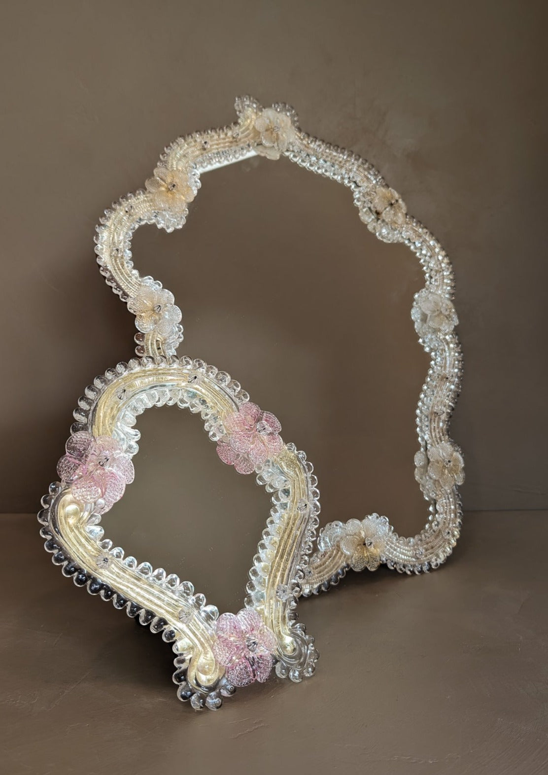Large Vintage Murano Mirror with Glass Flowers and Stand