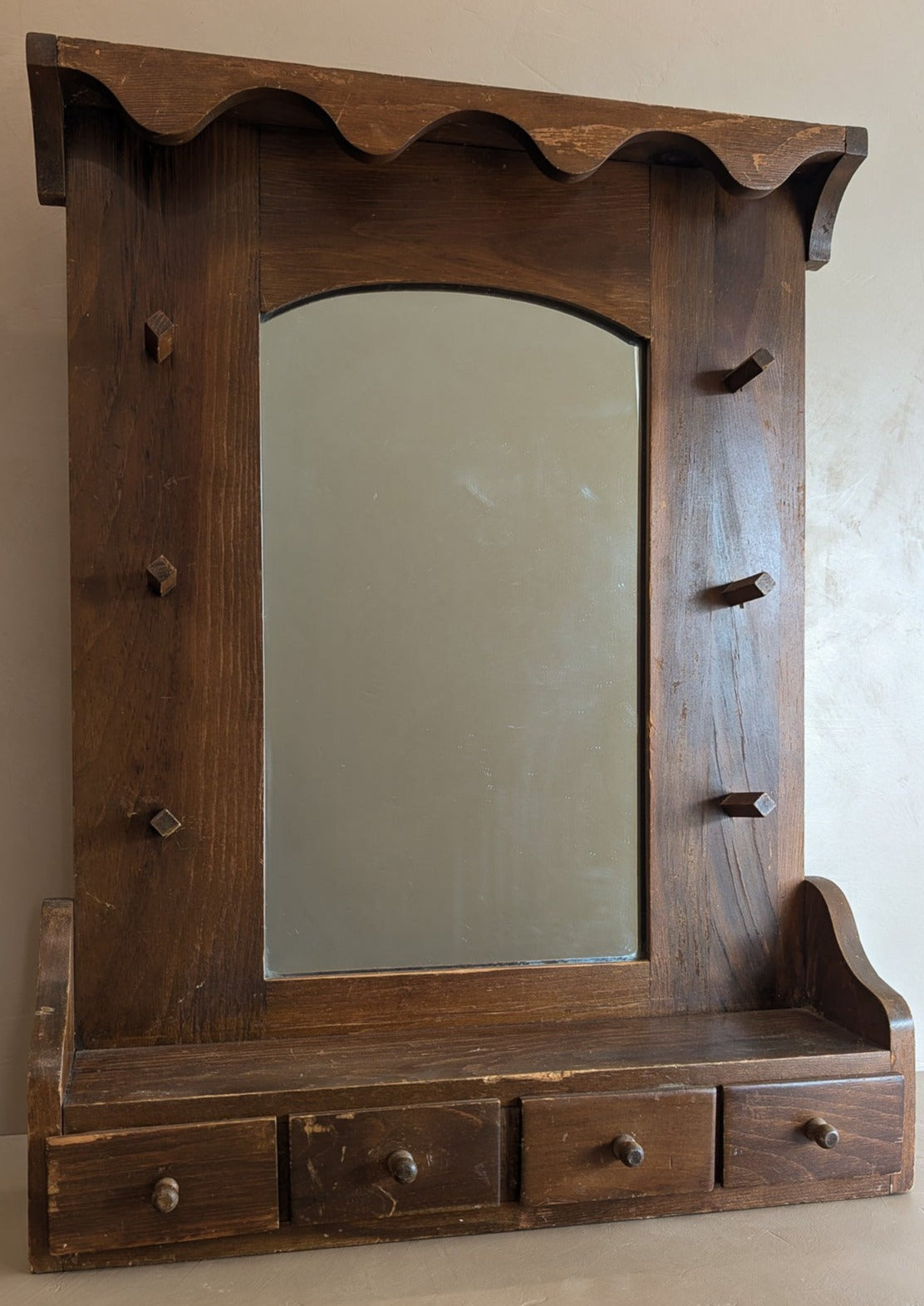 Vintage Wooden Mirror with Drawers, Hooks and Scallop Detailing