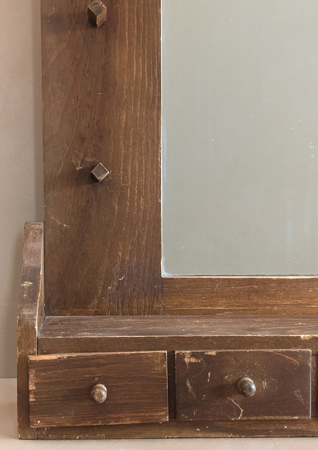 Vintage Wooden Mirror with Drawers, Hooks and Scallop Detailing