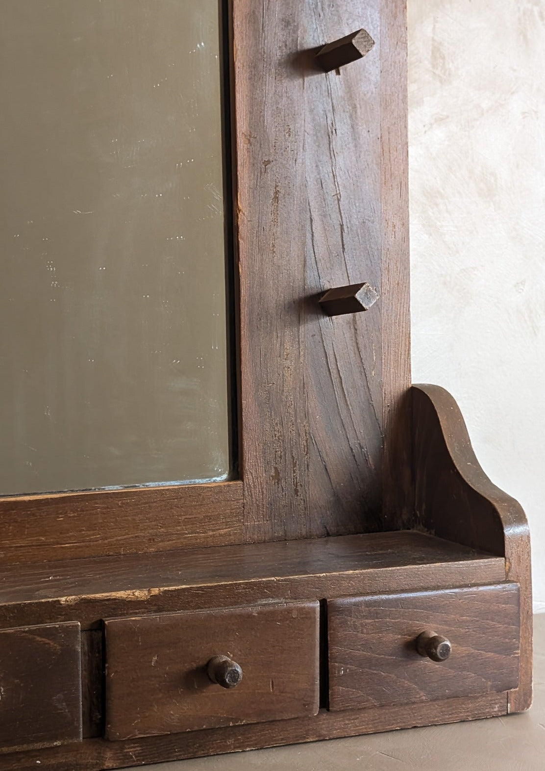 Vintage Wooden Mirror with Drawers, Hooks and Scallop Detailing