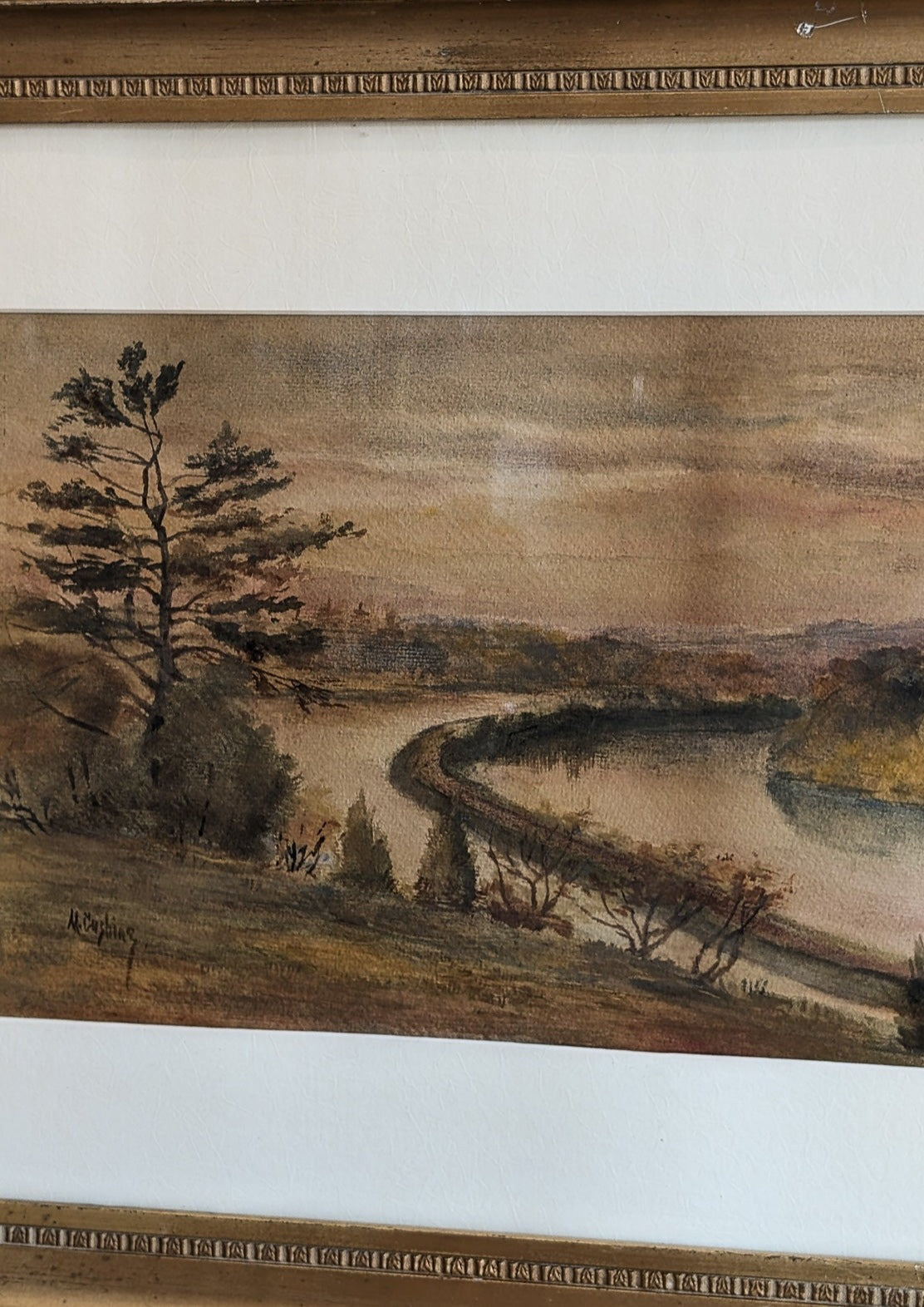 Original Signed and Framed Watercolor Landscape Painting by M. Cushing