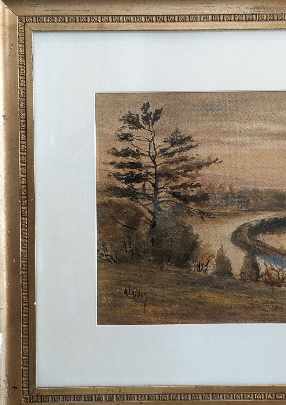 Original Signed and Framed Watercolor Landscape Painting by M. Cushing