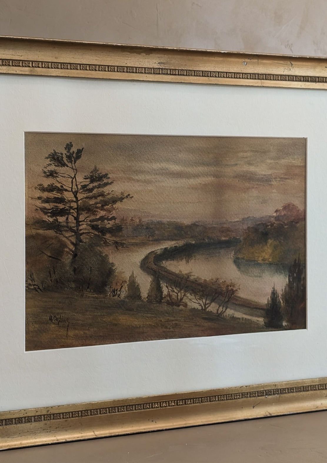 Original Signed and Framed Watercolor Landscape Painting by M. Cushing