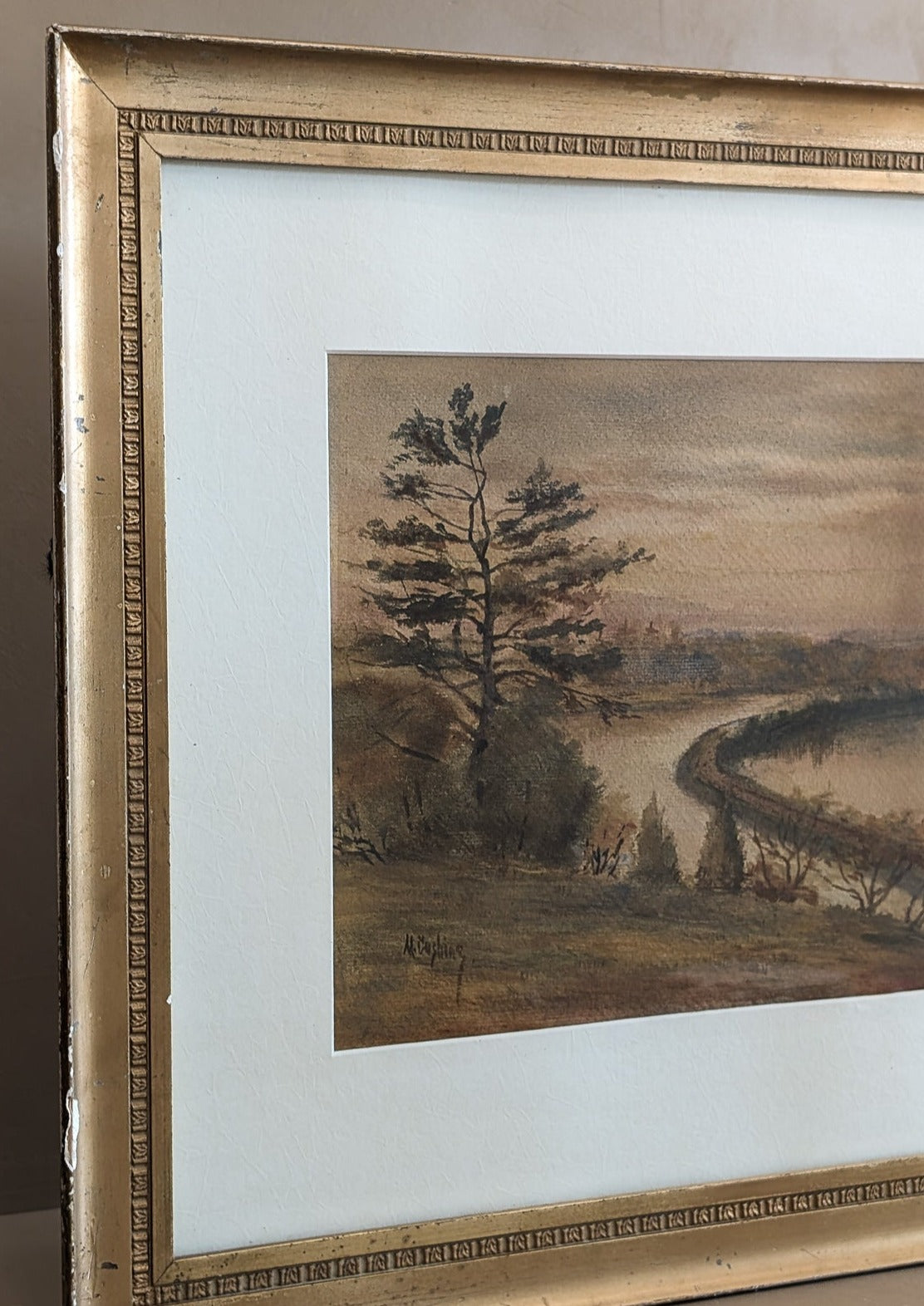 Original Signed and Framed Watercolor Landscape Painting by M. Cushing