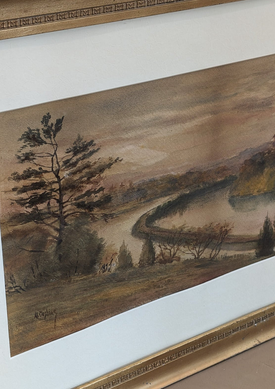 Original Signed and Framed Watercolor Landscape Painting by M. Cushing