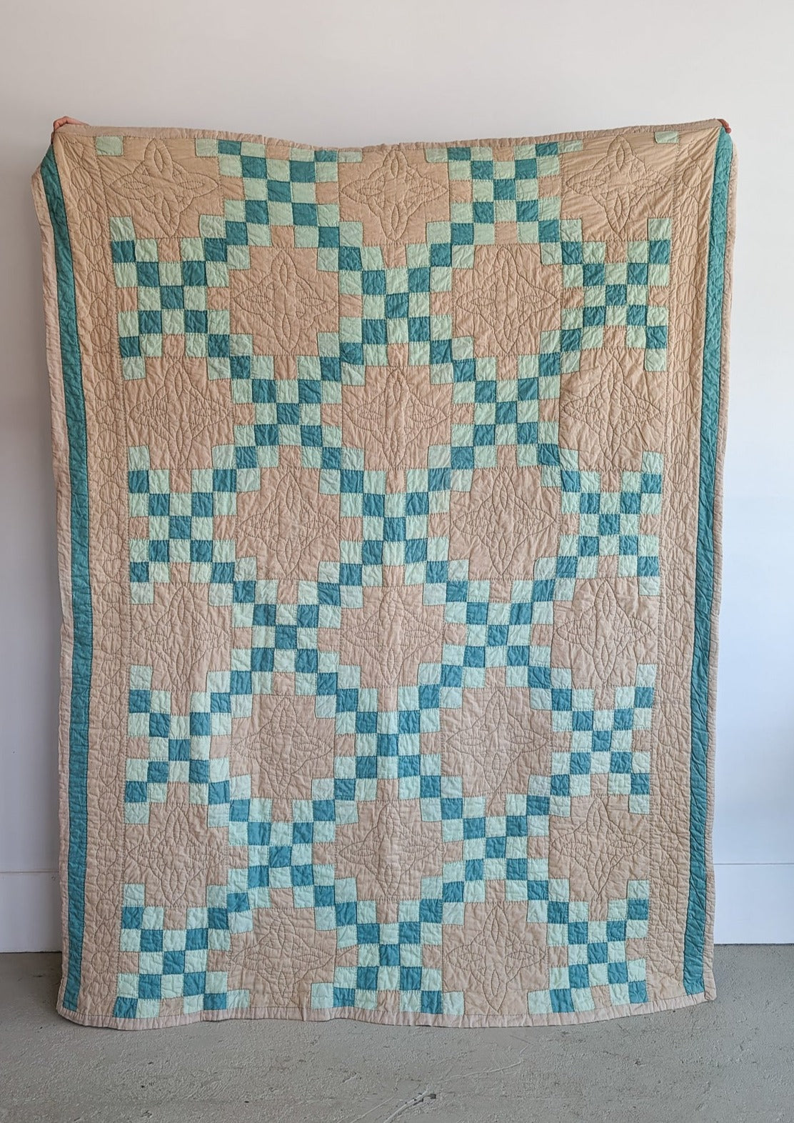 1930s Vintage Double Irish Chain Quilt with Peach and Teals 78" x 60"