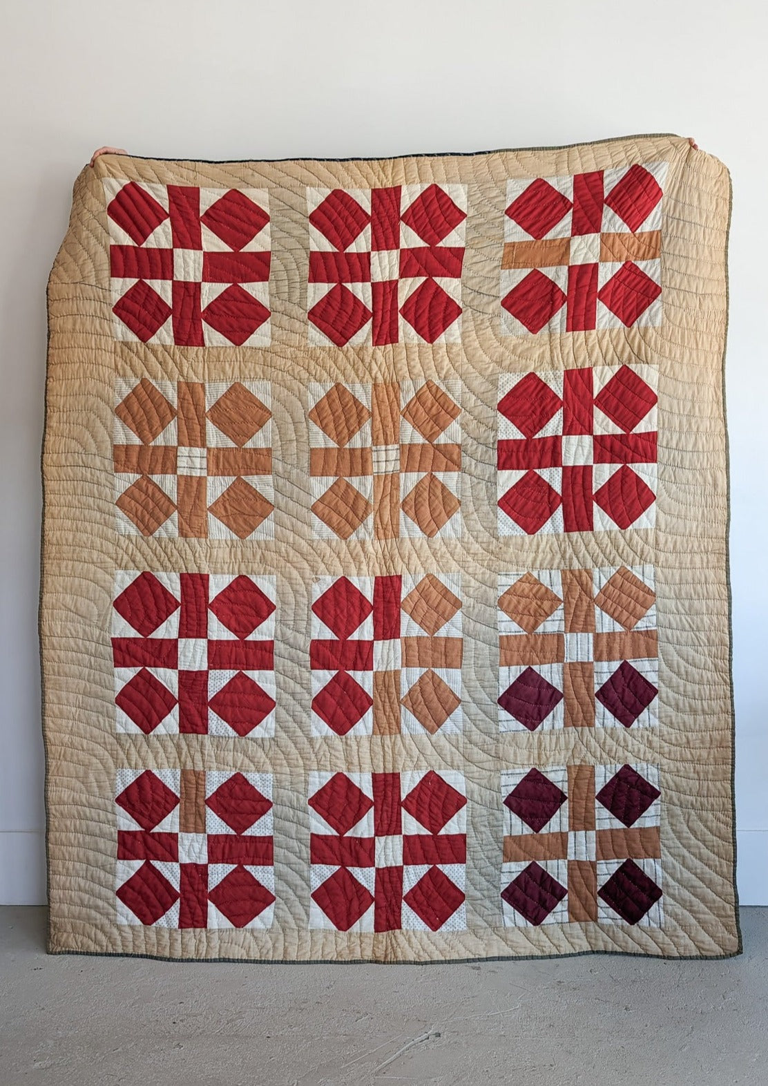 1890s/1900s Antique Quilt with Red, Orange, Tan and Cream with Blue Ticking Back 79" x 68"