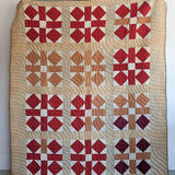 1890s/1900s Antique Quilt with Red, Orange, Tan and Cream with Blue Ticking Back 79" x 68"