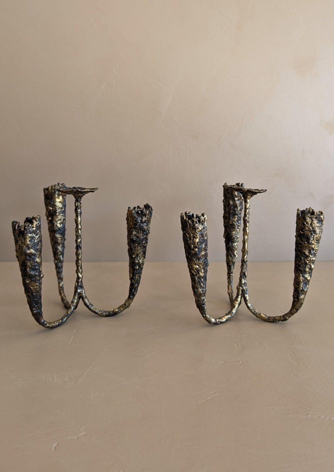 Pair of Vintage Paul Evans-Style Brutalist Brass Candelabras